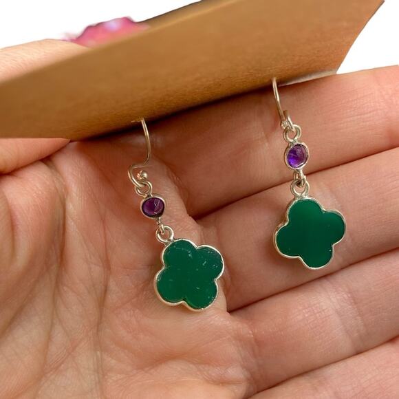Green Onyx & Amethyst Quatrefoil Clover Earrings Solid 925 Sterling Silver - Picture 5 of 5